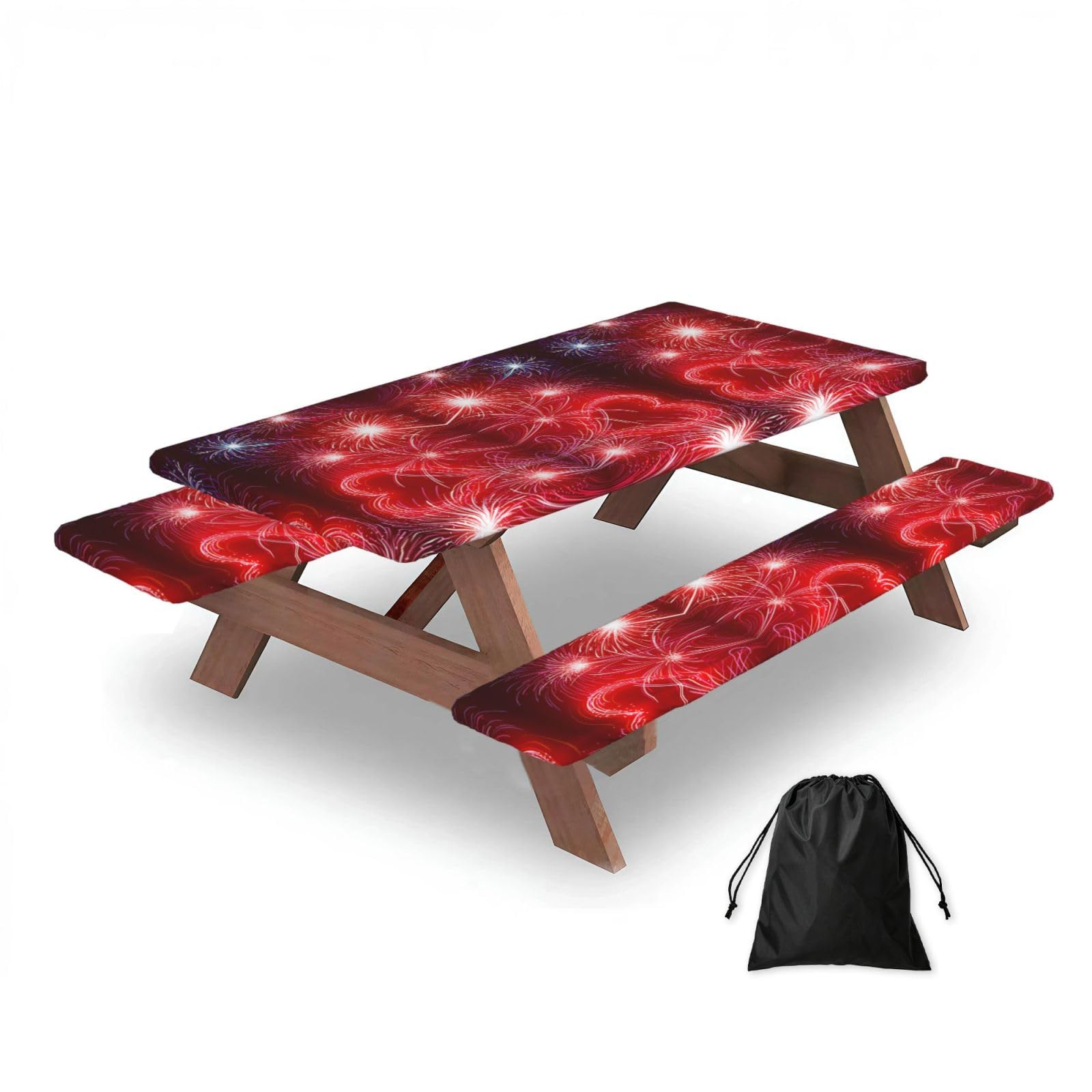Housse de table de pique-nique élastique (lot de 3) motifs cœurs et feux d'artifice extérieurs