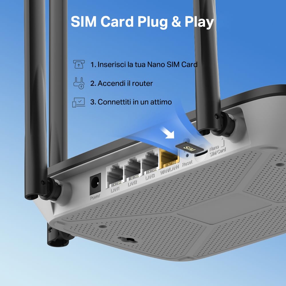 Mercusys MB115-4G Router WiFi con Sim, 4 Antenne Ad Alto Guadagno, 4G LTE Wireless N300Mbps, 3 Porte LAN+1 Porta LAN/WAN, WAN Connection Backup, Parental/LED Control, VPN, SMS, APP, Plug&Play