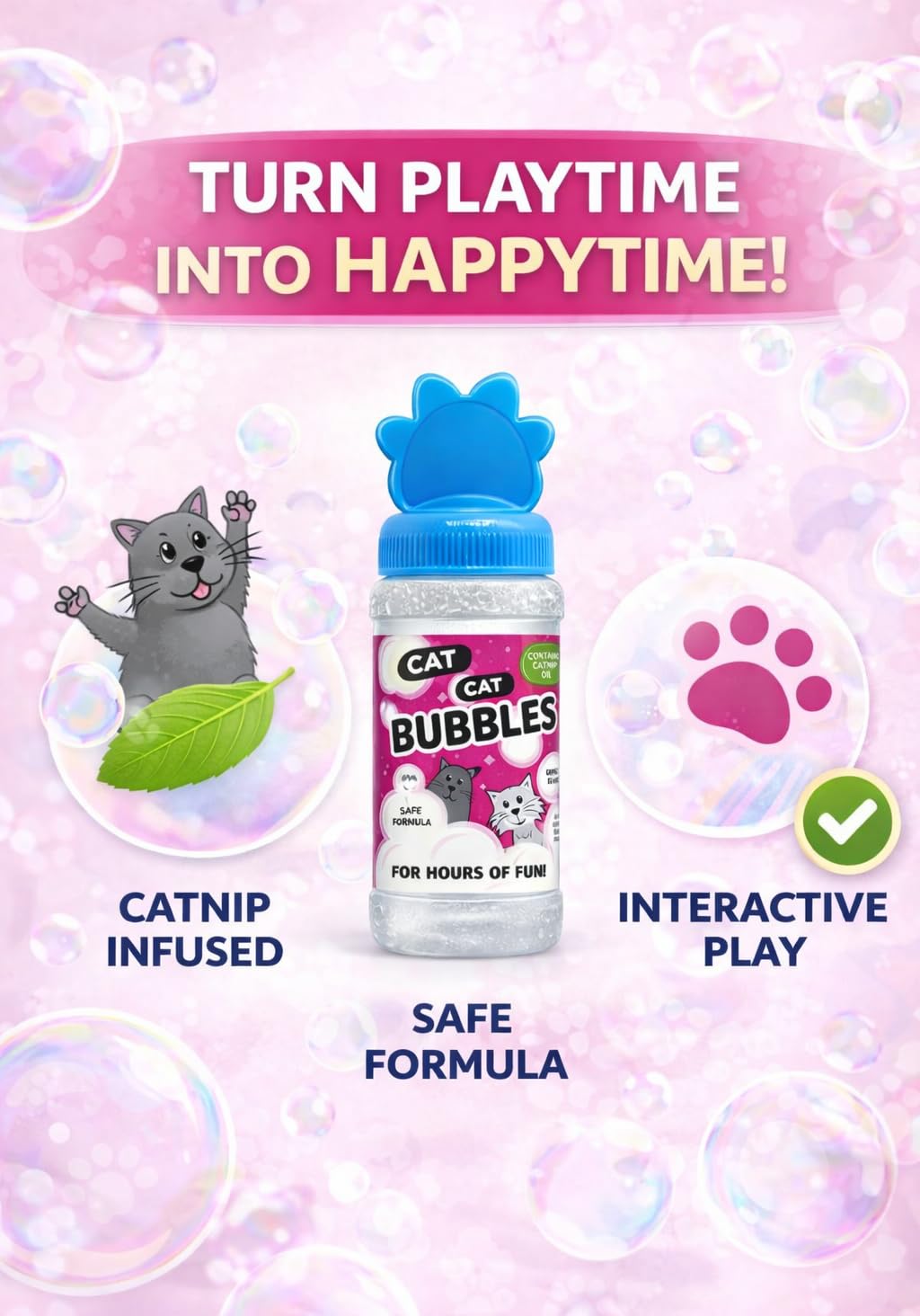 Pet Guru Bolle per gatti con olio di erba gatta, giocattolo sicuro e atossico per gatti, 120 ml, con bacchetta per bolle inclusa, tappo a forma di zampa (2)