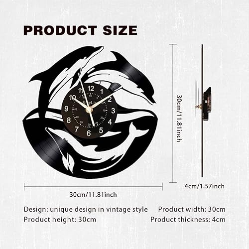 Miniatura 5 de KingLive Dolphin Fish - Reloj de pared de disco de vinilo de 12 pulgadas (11.8 in), color negro, moderno, decorativo, hogar, oficina, niños,