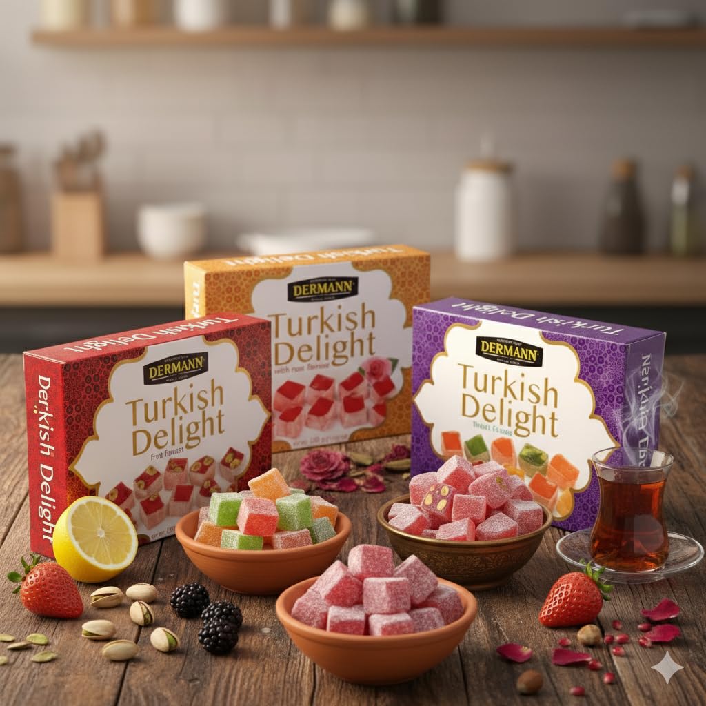 Delicias turcas 4x100g (Set de 4 Sabores: Rosa, Frutas, Frutos Secos y Granada) | Sin gluten | Confitería tradicional de lujo | Vegano, Halal, El Mejor Lokum Turco, Loukoumi