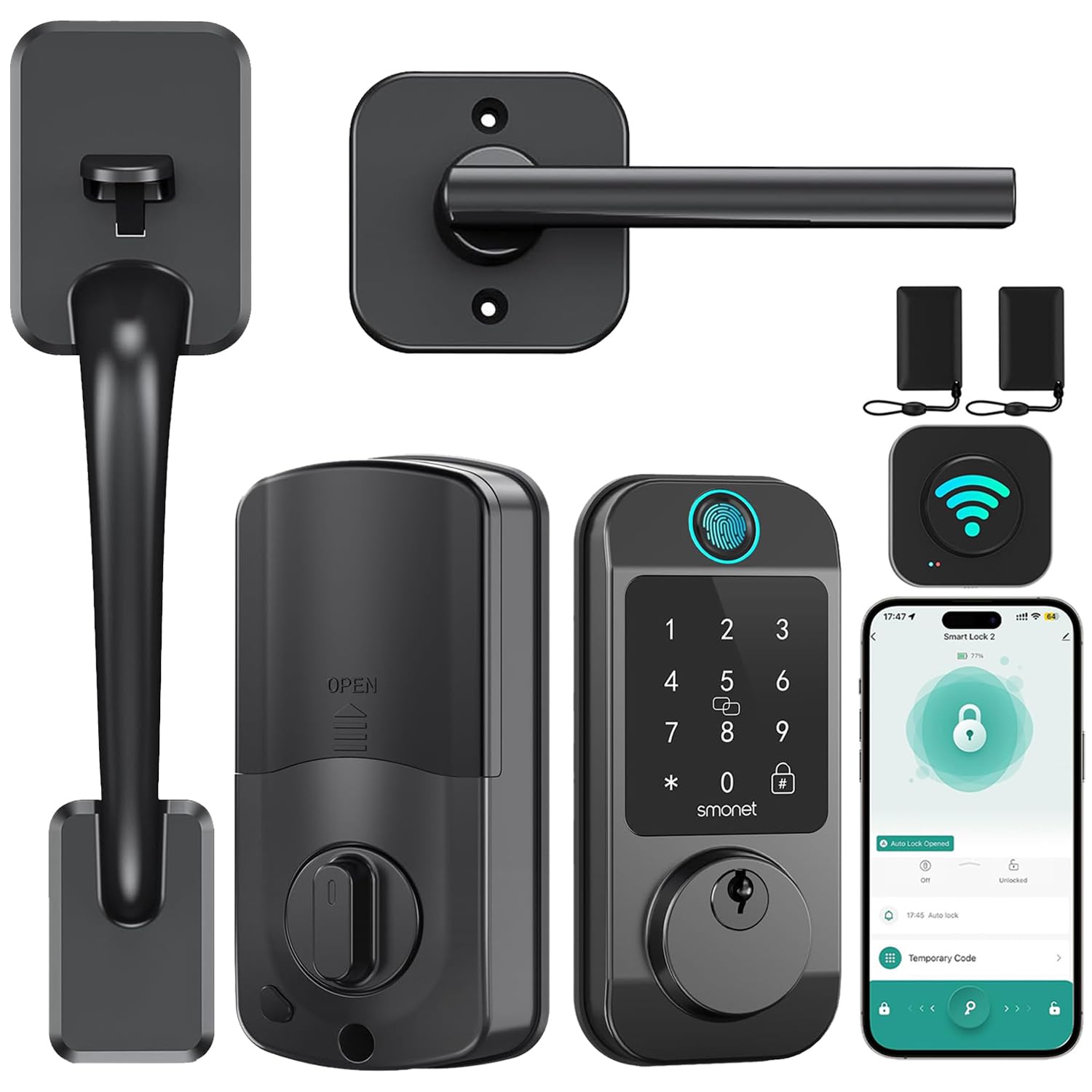 SMONET Smart Lock WiFi Smart Deadbolt with Handle,Keyless Entry Door Lock with Handle Set,Fingerprint & Digital Code Auto Lock for Home Exterior Front Doors, APP Remote Control, Alexa Compatible,Black