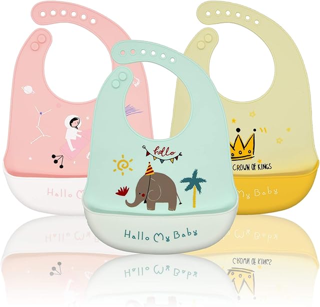Baogaier Bibs Silicone Baby, 3 PCS Waterproof Weaning Bib for Babies Toddlers with Food Catcher Pocket, Soft Roll Up Easy Wipes Clean Plastic Feeding Bibs for Newborn Girl, Pink Blue Yellow