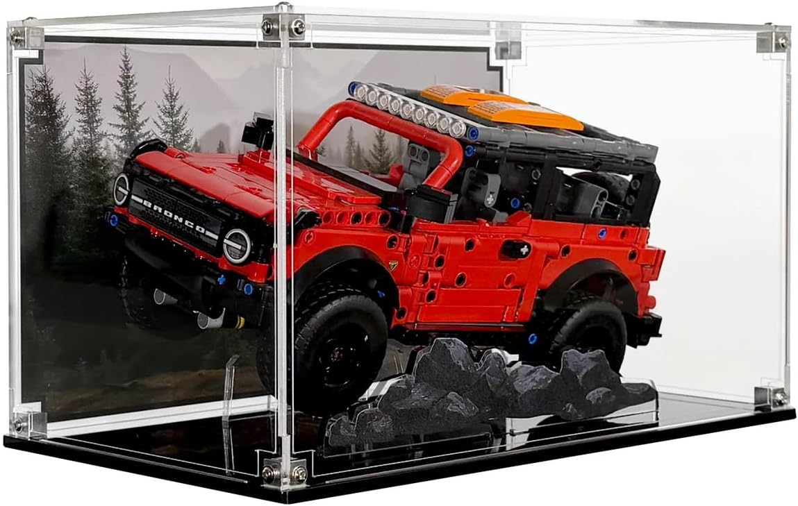 Display Case Compatible with LEGO Technic Ford Bronco SUV 42213 – UV-Printed Stand and Background, Dustproof Acrylic Showcase, Set Not Included