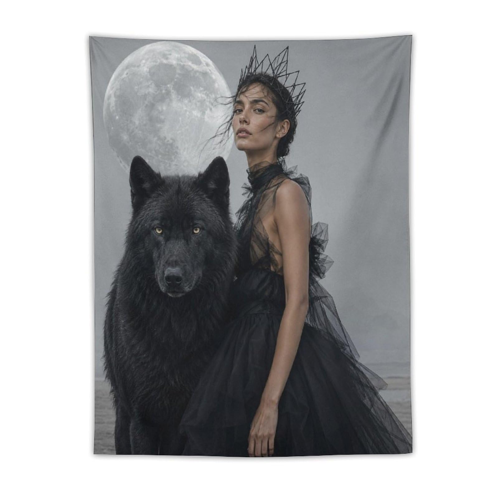 H3B8U2Y5 Woman with Black Wolf Wall Tapestry, Surrealist, College Dorm