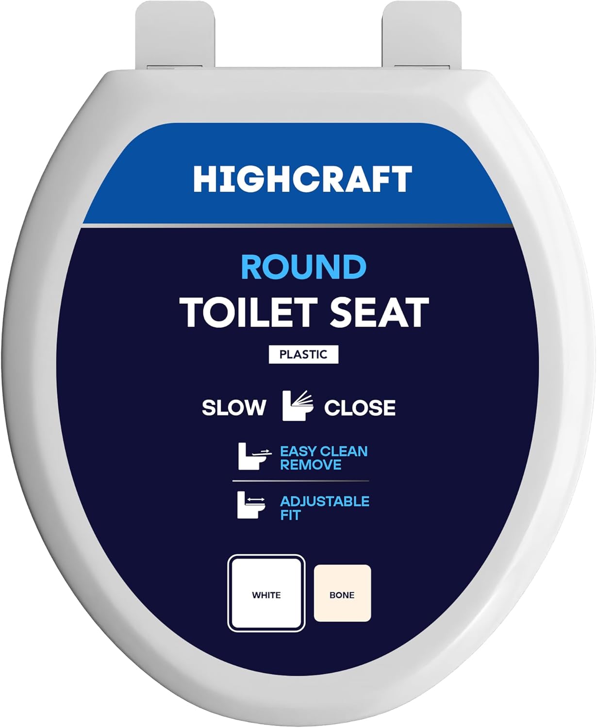 Highcraft W4TSPR Round Plastic Toilet Seat Slow Close ? Easy Remove, White Round Plastic White