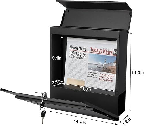 Miniatura 48 de Decaller buzones de metal para montar en la pared con cerradura de llave, buzón grande con compartimento para periódicos, plateado 936 negro