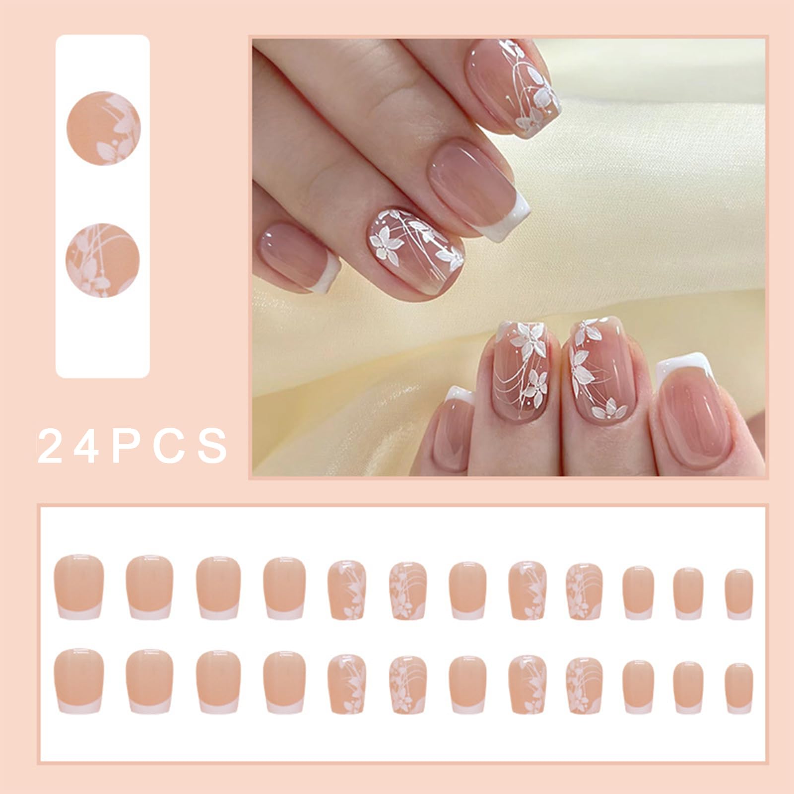 24Pcs Spring Summer Press on Nails Short Square Fake Nails French Tip Design Glossy Glue on Nails with Floral Glossy Nude False Nails Full Cover Stick on Nails Acrylic Nails for Women or Girl Manicure