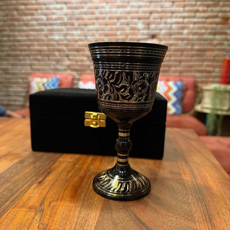 Vintage Engraved Brass Wine Chalice Goblet 6 Inch With Black Box 6 Inch