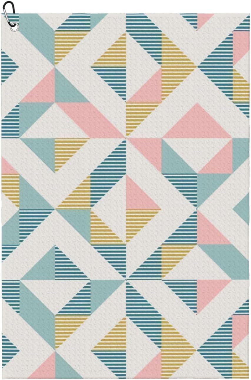 Geometric-Diamond-Shapes-Geo-Print-Mint-Blush-Pink-Mustard-Yellow-T Microfiber Golf Towel with Carabiner Clip, 16x24 Inch Absorbent Waffle Weave Towel for Golf Bags