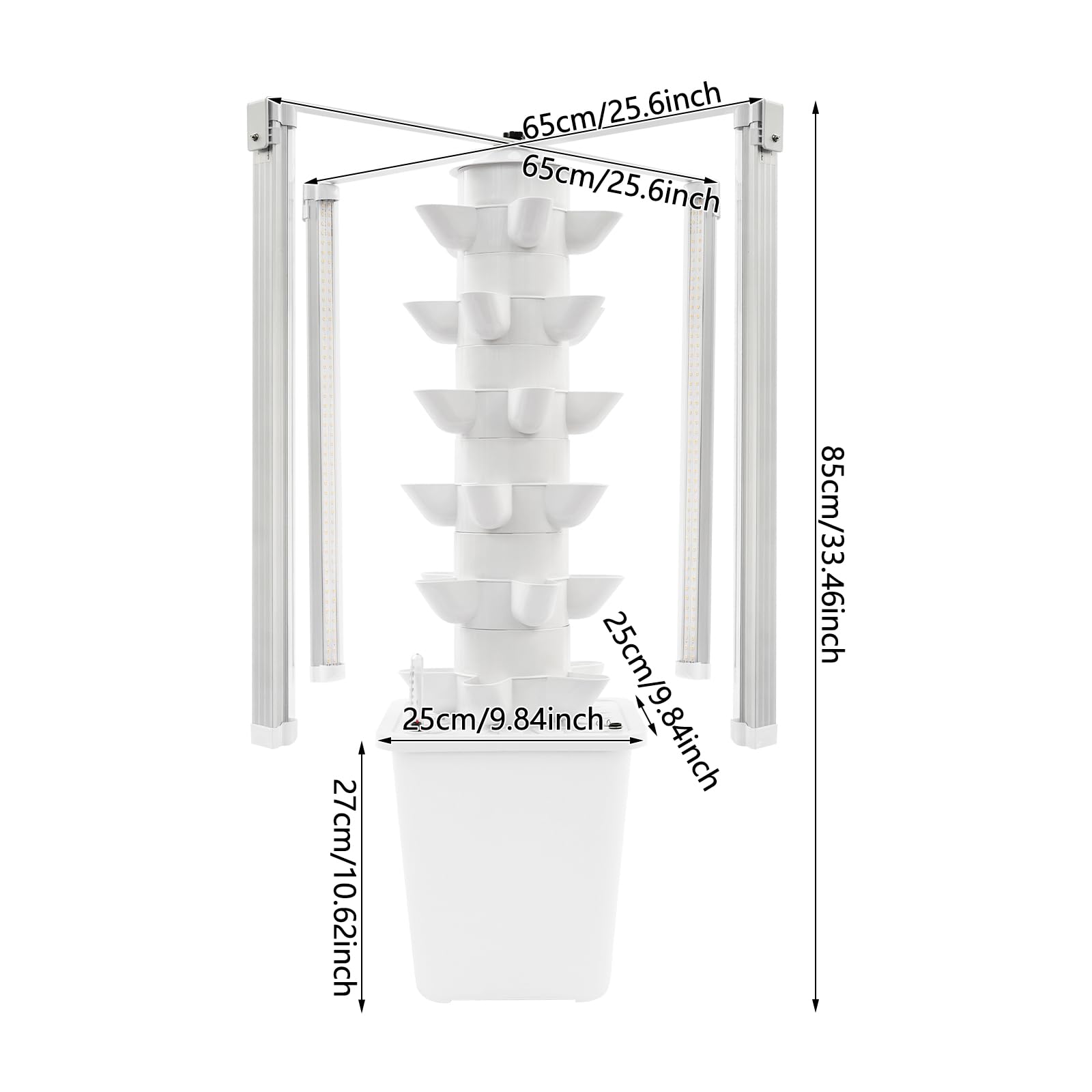 Tour de culture hydroponique verticale avec 6 étages, 30 trous de plantation, 4 lumières LED de croissance avec minuterie, irrigation automatique, réservoir d'eau de 10 l, hauteur 85 cm