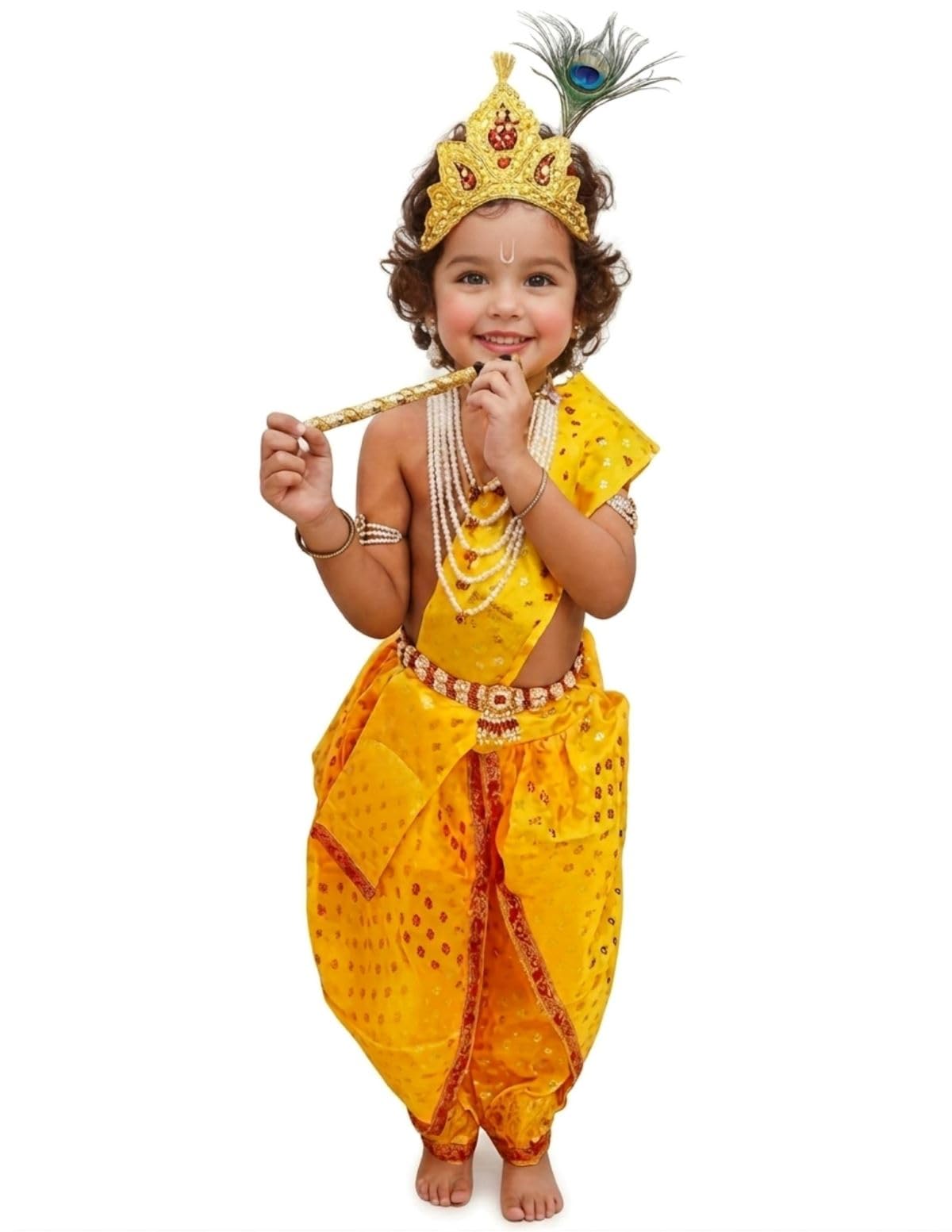 BookMyCostume Polyester Krishna Yellow Polka Dot Costume Dhoti Patka with Heavy Pearl Jewellery and Mukut Set - Janmashtami Dress Costume for Baby Kanha - Boys & Girls 3-4 Years