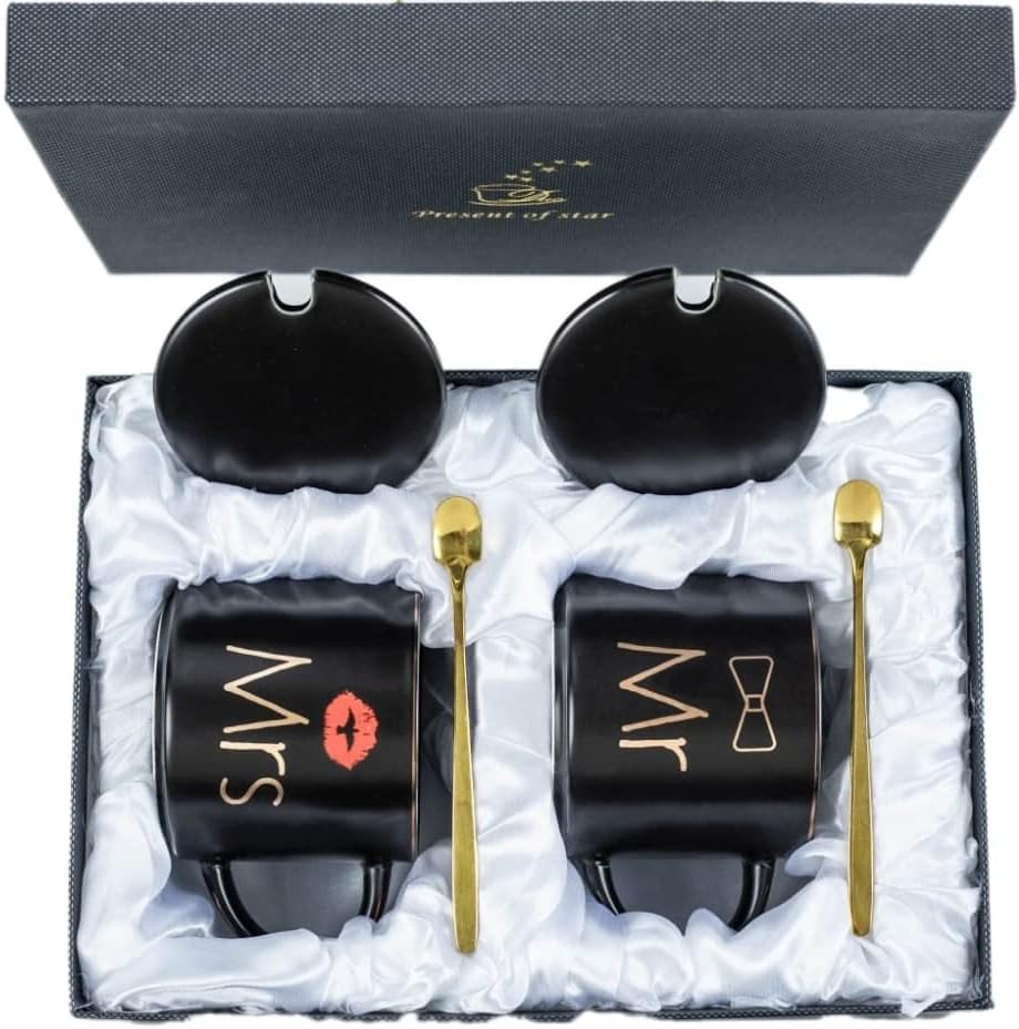 DANEENMR and MRS Mug Set, Coffee/Tea, Unique Gift Set for Couple, Parents, Wedding, Bridal, Engagement Gift, Ceramic Marble (Black)