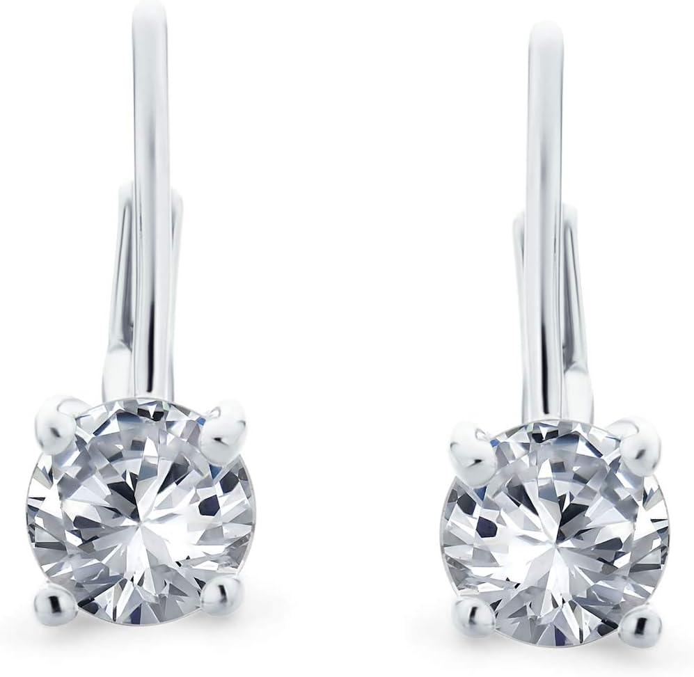 Dainty .50 Ct Round Bezel Brilliant Cut AAA Cubic Zirconia Simulated Gemstone Colors CZ Solitaire Dangle Drop Earrings Lever Back 14k Rose Gold Plated .925 Sterling Silver