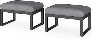 RoyalCraft 2 Pieces Aluminum Outdoor Patio Ottoman Set, Outdoor Foot Stools with Thick Cushion, Small Seat Furniture for Porch Balcony Backyard, Grey
