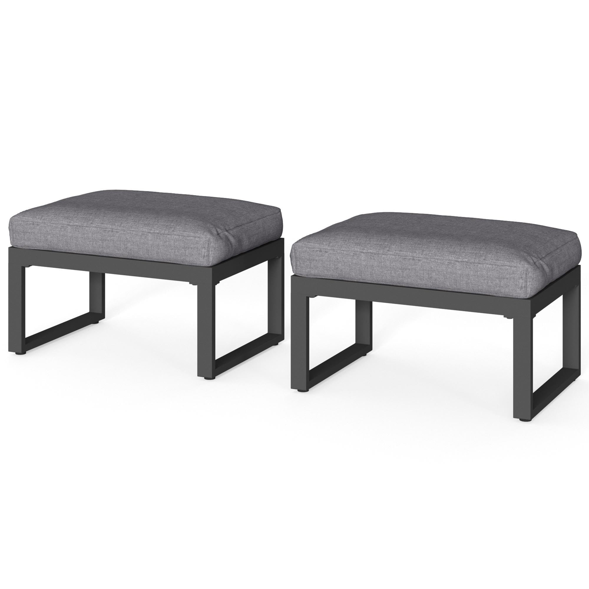 RoyalCraft 2 Pieces Aluminum Outdoor Patio Ottoman Set, Outdoor Foot Stools with Thick Cushion, Small Seat Furniture for Porch Balcony Backyard, Grey