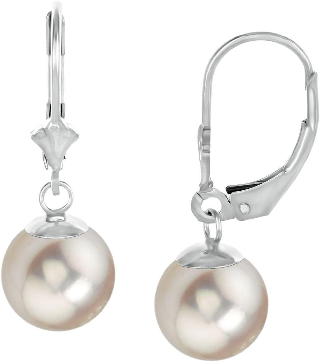 THE PEARL SOURCE Sterling Silver Round Genuine White Akoya Cultured Pearl Leverback Earrings for Women