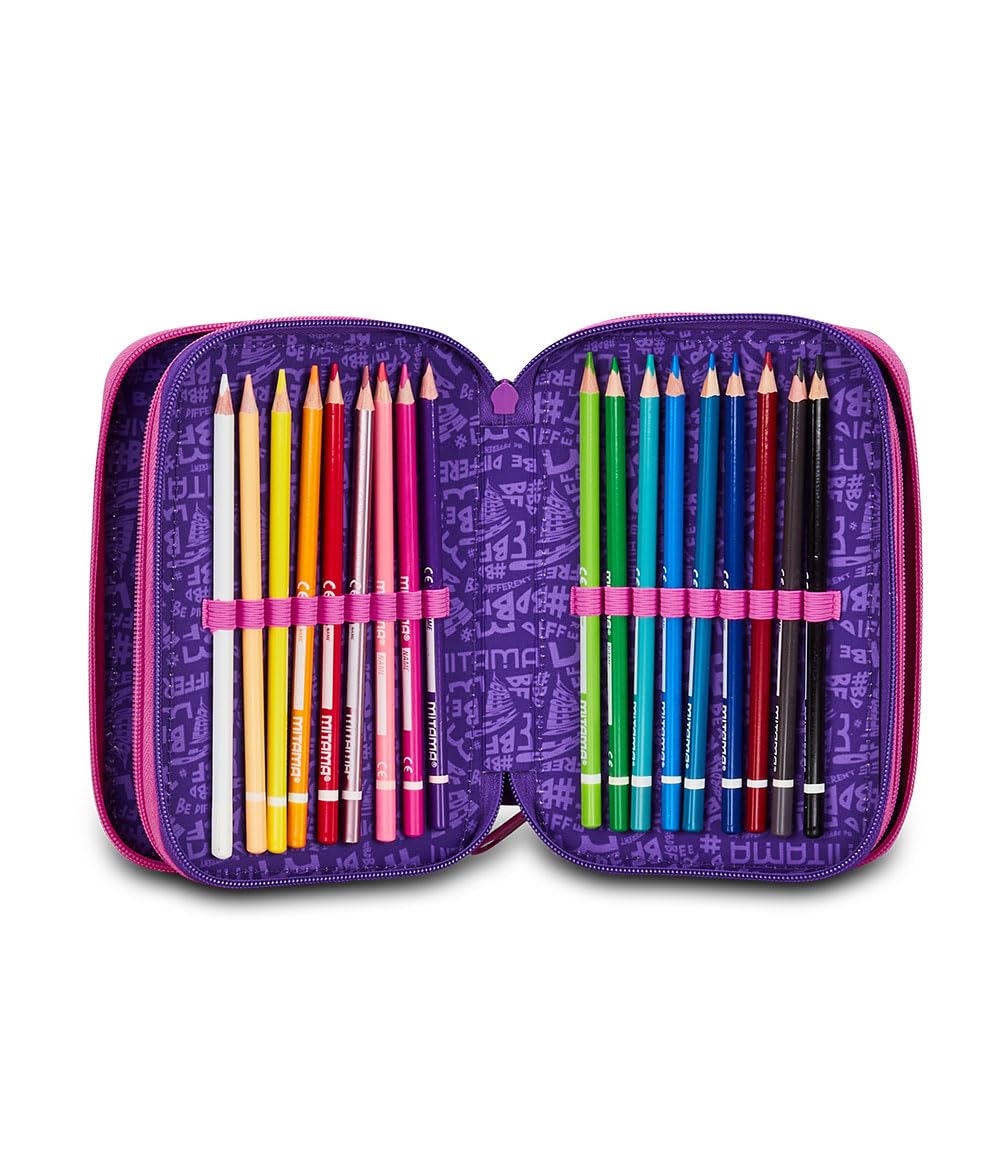 Mitama Astuccio Scuola 3 Scomparti, HEY DYE, Contenuto 47 pz, Completo di Matite, Pennarelli, Portapenne Scuola Elementare Bambina