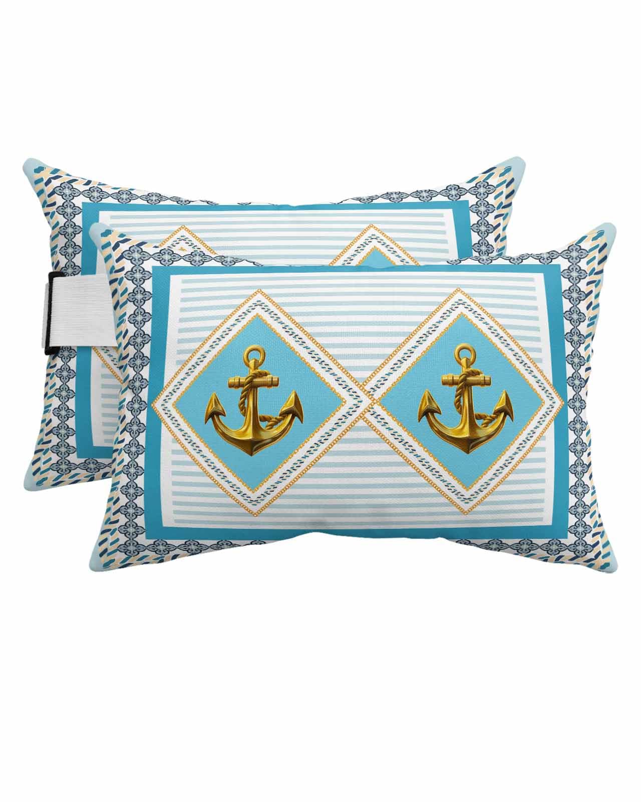 HERBED Outdoor Pillows Covers with Inserts Ocean Golden Anchor Blue Stripes Waterproof Pillow with Adjustable Strap Throw Pillows for Patio Furniture Pool Lounge Chair, 11x16 Inch, 2PCS