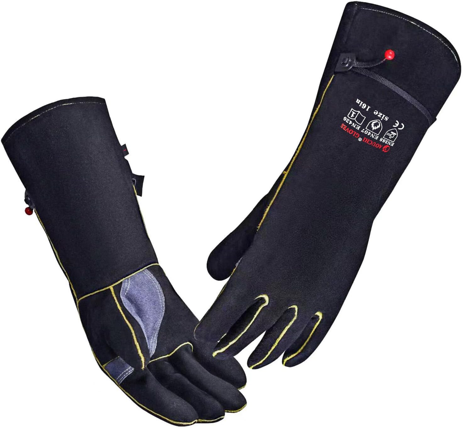Cowhide BBQ Welding Gloves, Long Sleeve Fireproof and Heat Resistant Mitts for Barbecue, Firefighting, Fireplace, Oven, Baking, Stove (Black-Gray, L)