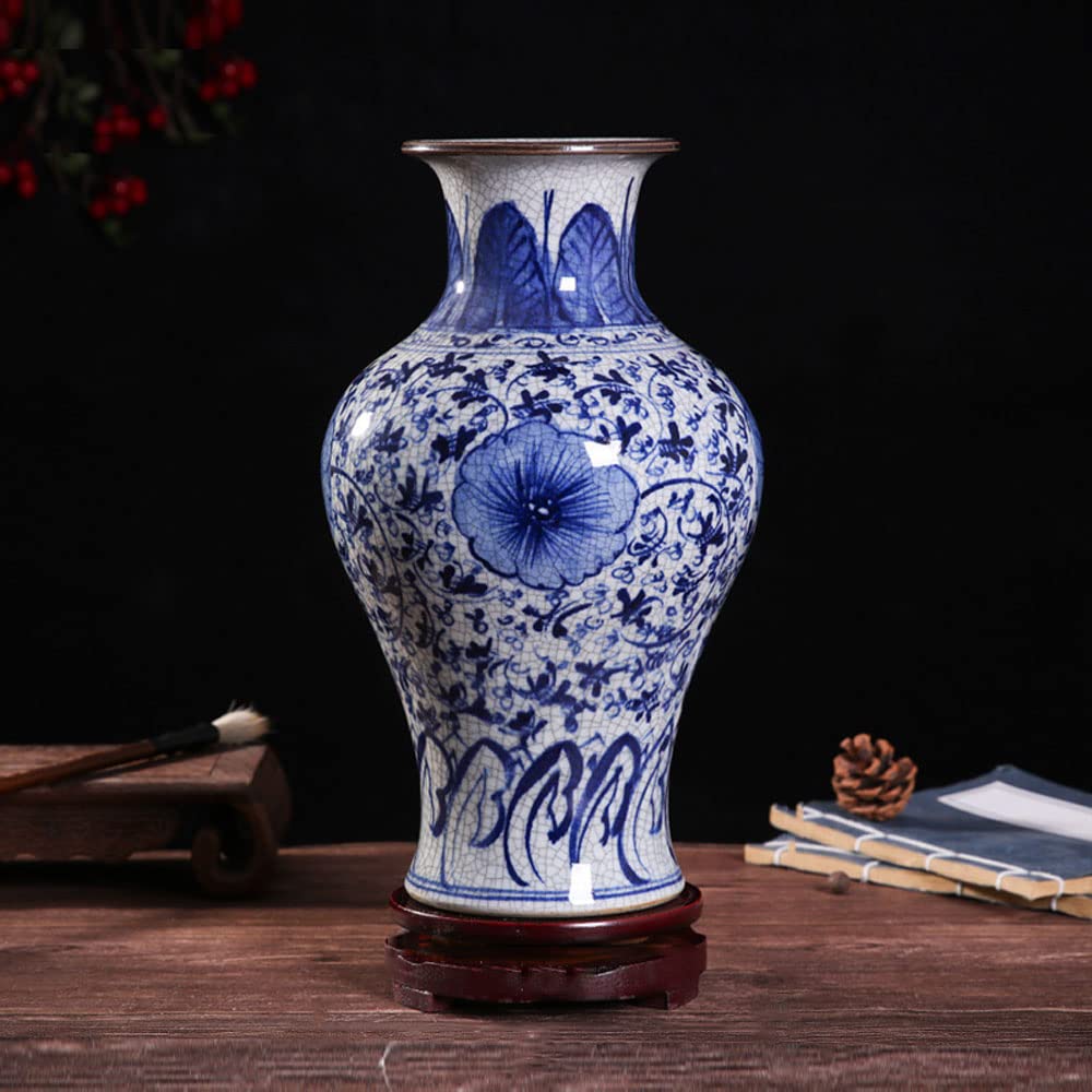 asdchZen Blue & White Porcelain Vases Ceramic Vase Hand-Painted Underglaze Color Antique Crack Glaze Blue And White Porcelain Vase Living Room Chinese Ornaments Rustic Home Decor Ceram,D