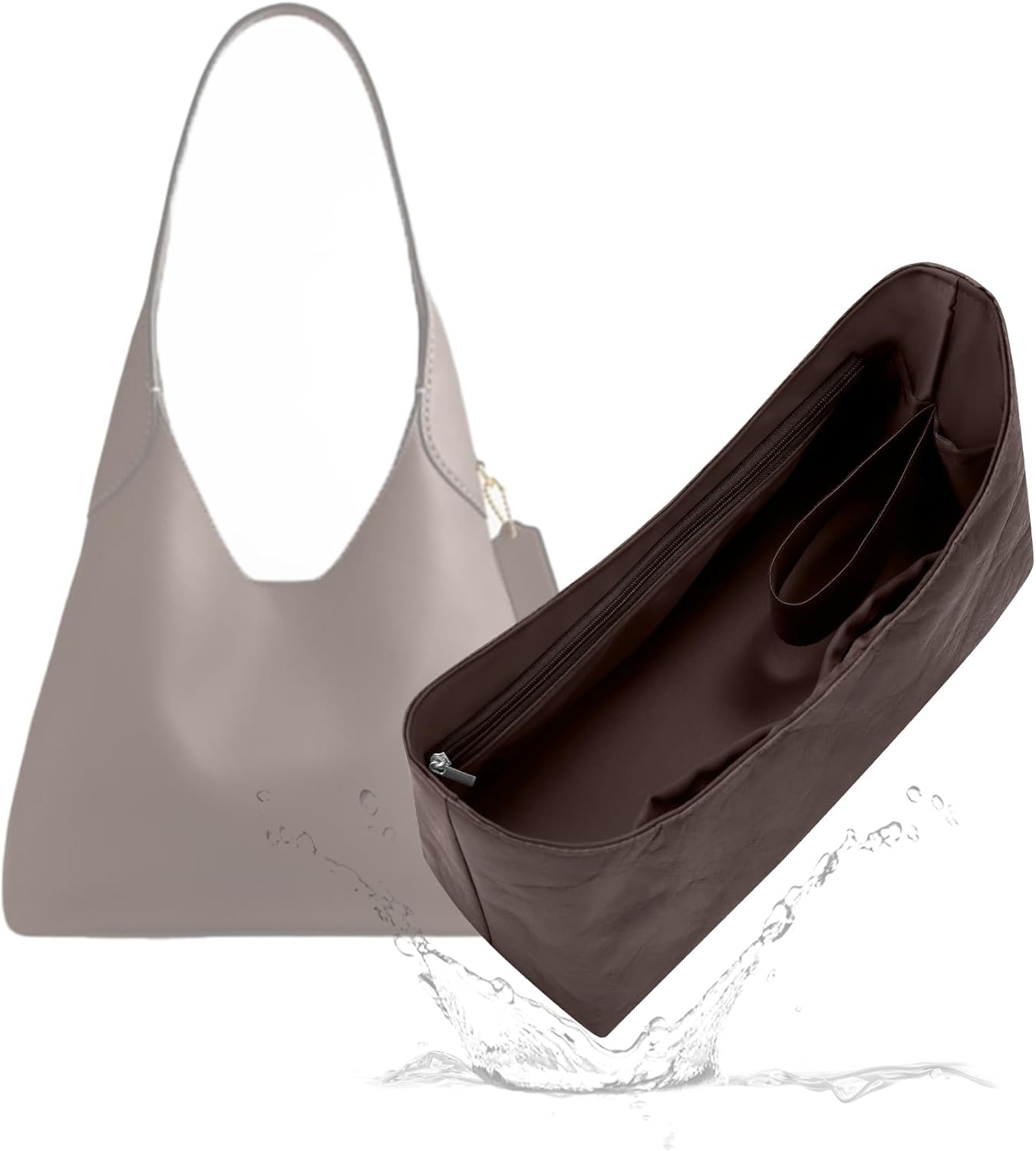 19 NeatThin Lightweight Purse Insert, Waterproof Surface and Silky Satin Lining, Fit for Brooklyn 34 (With Zipper and Bottle Holder, Chocolate)