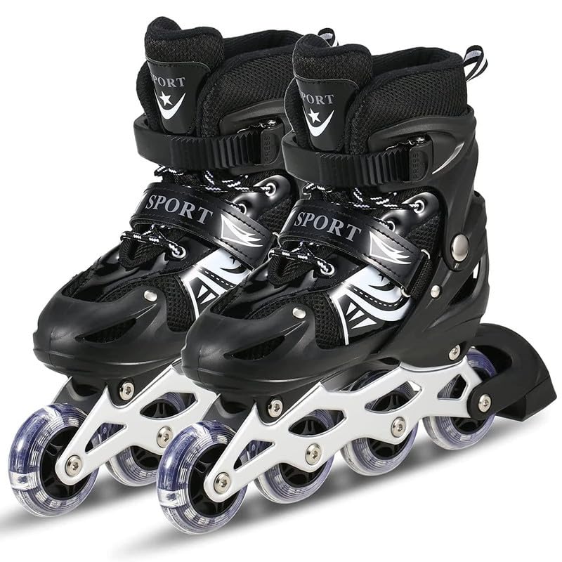 LUXURIA Inline Skates with PU Flashing Wheel Aluminum Body in-Line Skates with Adjustable Length for Age 10-16 Years (Black)