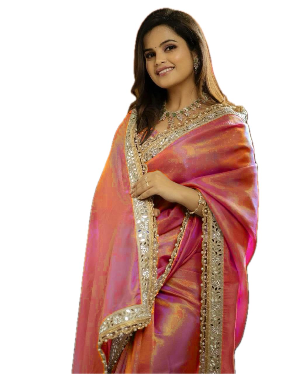 Buy Celeb Styles Women's Pink And Golden Zari Tissue Silk Organza