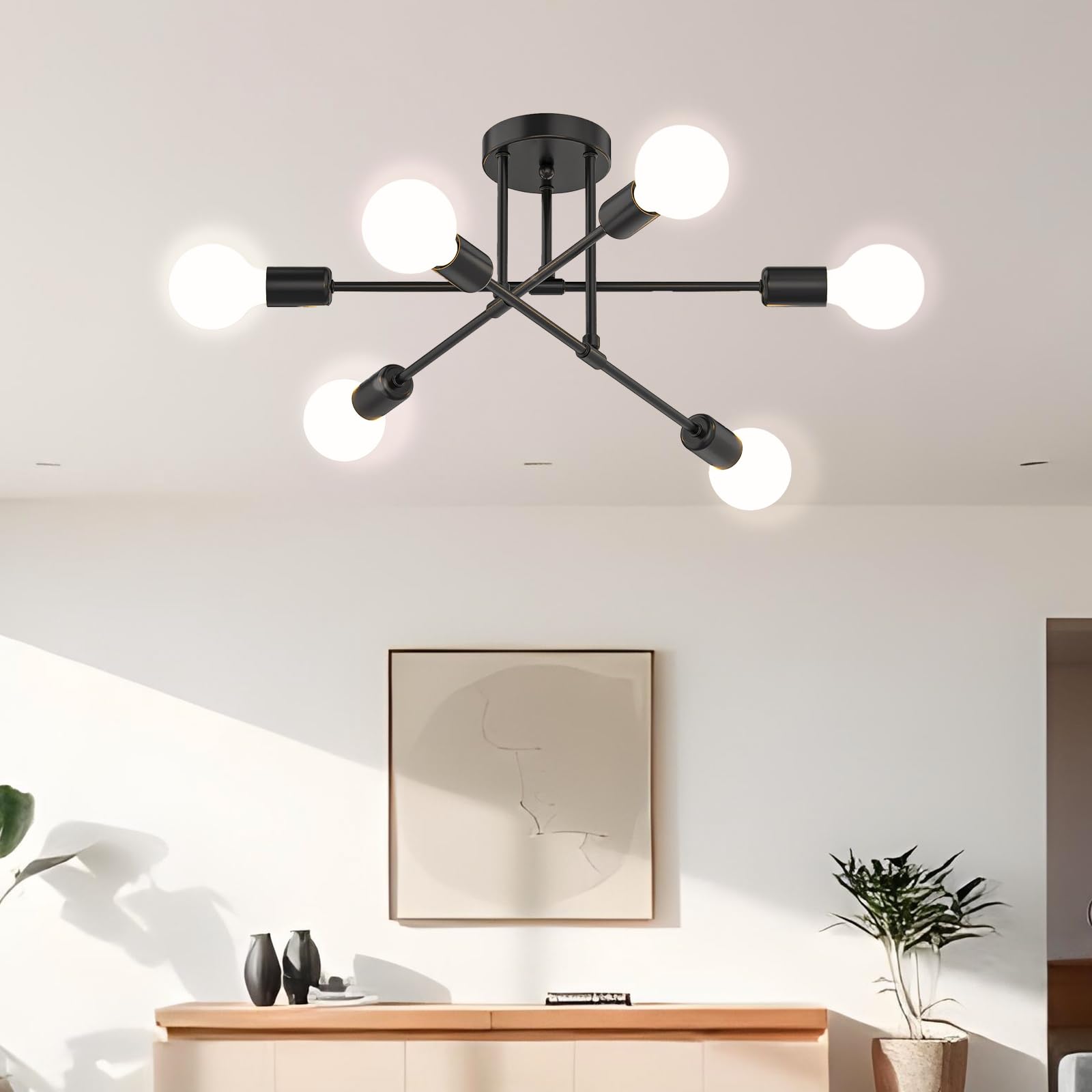 Chandelier Sputnik Ceiling Light, 6 Lights E27 Black Modern Chandelier, Semi-Flush Mount Ceiling Lamp Vintage Ceiling Lighting for Living Room, Bedroom, Dining Room, Kitchen(no shade no bulb)