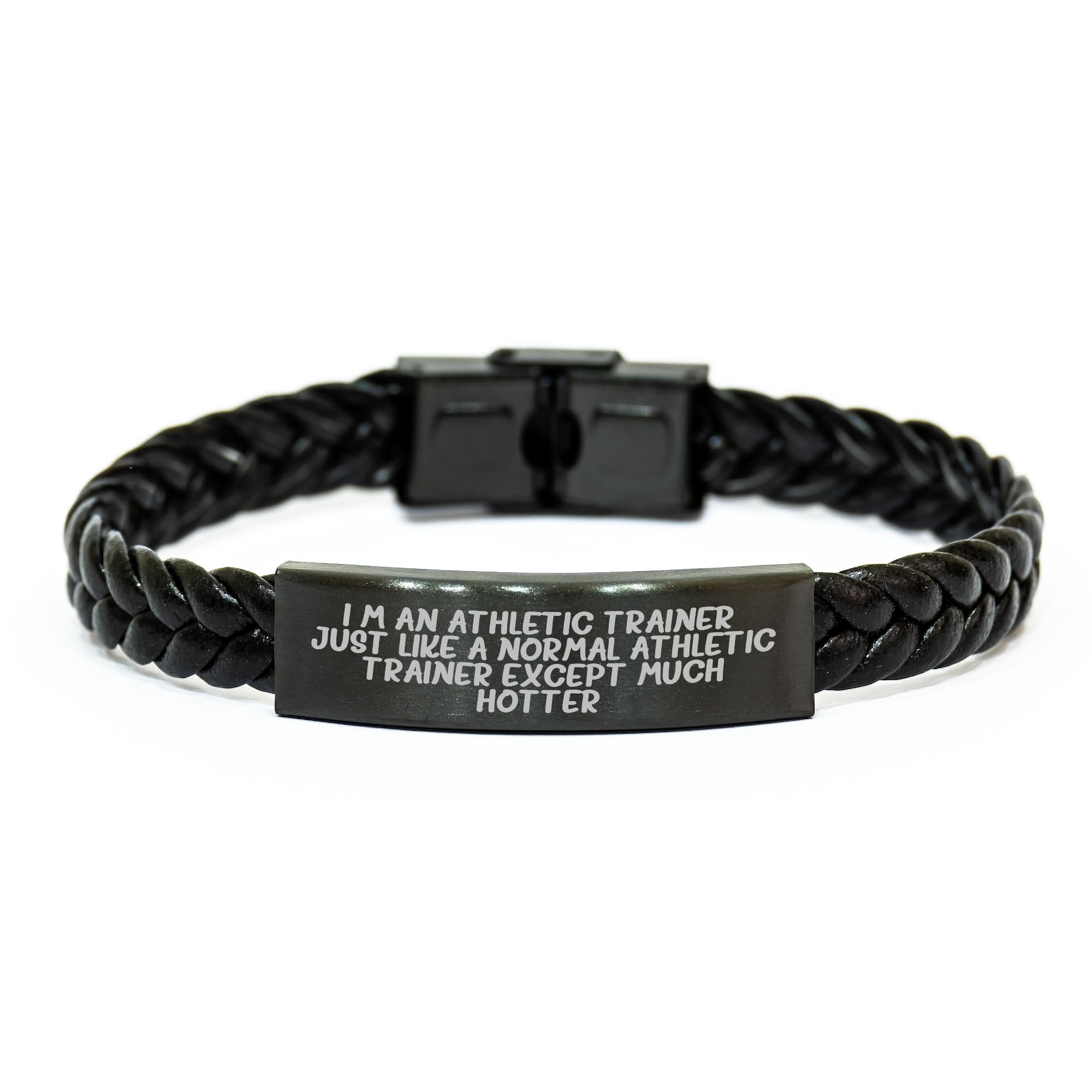 Athletic Trainer Gift: Inspire Hot Athleisure Style with Funny Quote Interlaced Leather Wristband, Stainless Steel PU Leather, 7.87 inches, Christmas Unique Gifts for Him from Athlete to Trainer