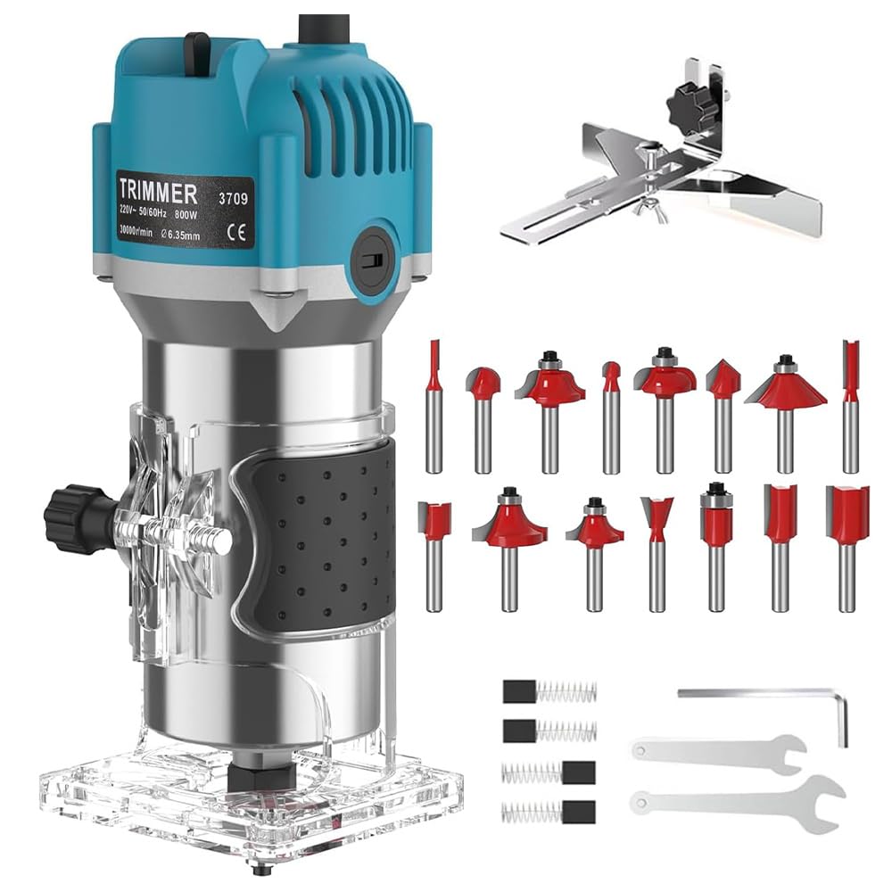 Holzfräse Oberfräse Professionell, 800W 30000 U/min Elektrischer Oberfräse Trimmer mit 15 Stück Fräsen Cuter mit 6 Geschwindigkeitsstufen für Holz, Fasen, Nuten, Schneiden, Bohren