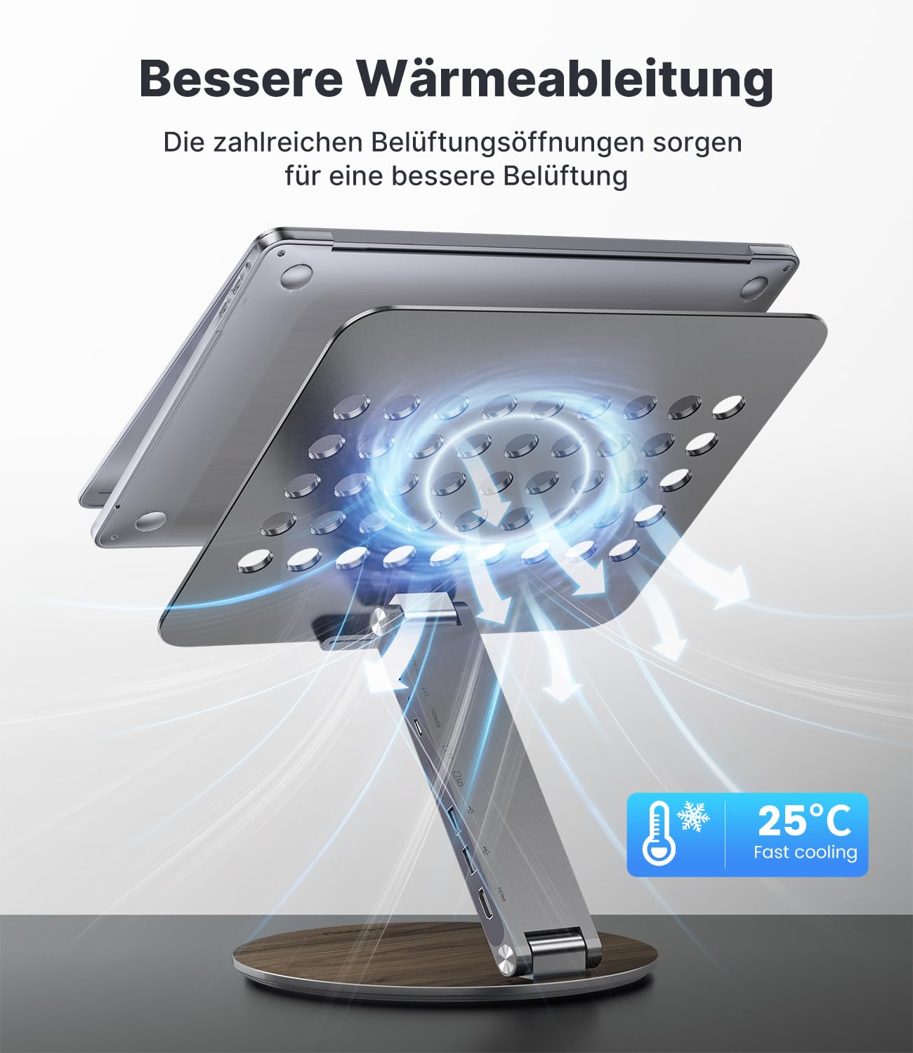 KU XIU Verstellbar Laptop Ständer mit 8-in-1 Dockingstation Aluminium | Laptop Halterung mit USB HUB 360° Rrehbarer Basis, Dual-Display 4K-HDMI USB3.0 PD100W für MacBook Pro Air/alle 10-17'' Laptop