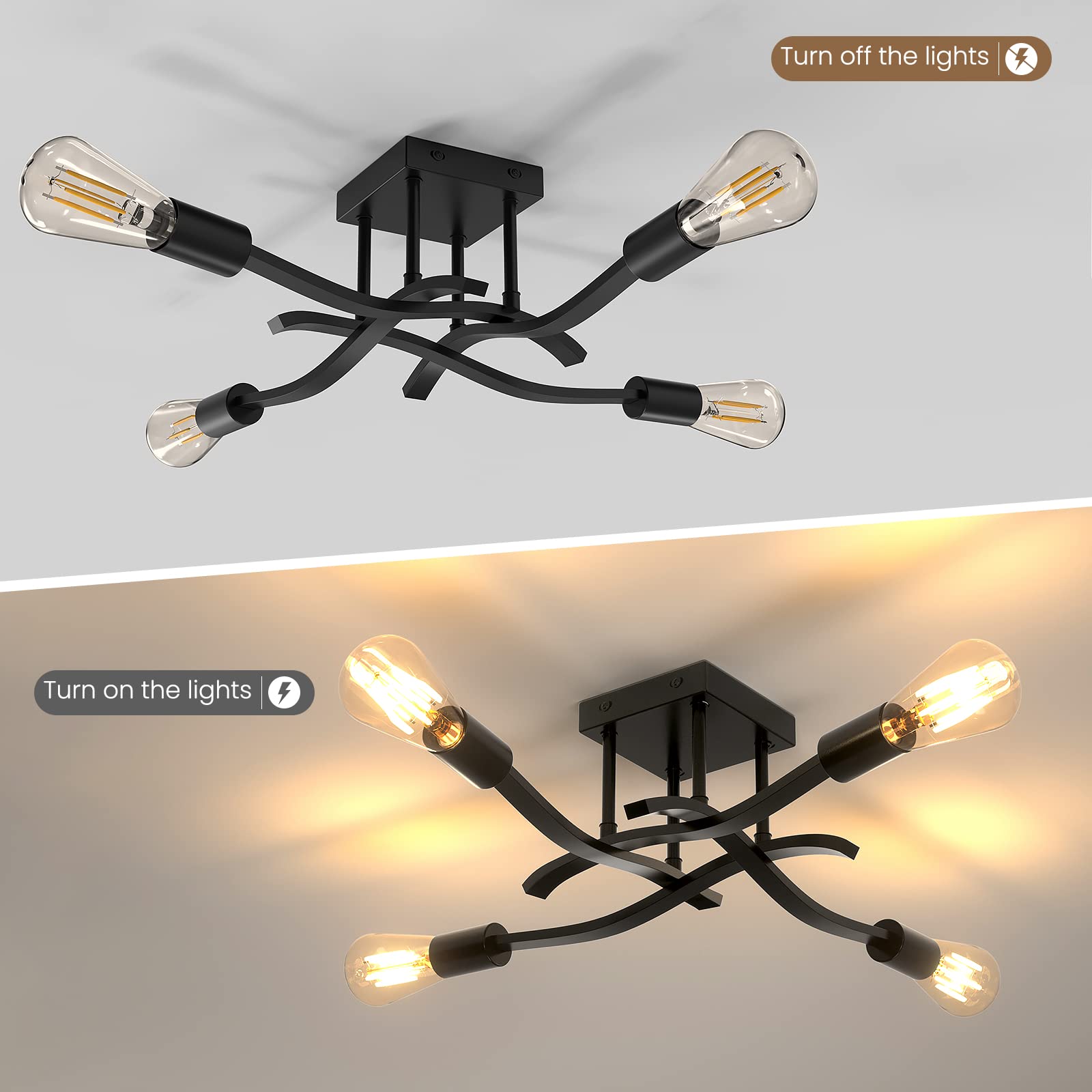 OTREN Lámpara de Techo Industriales Vintage, Plafon de Techo Retro, 4 Luz Lámparas de Araña para Dormitorio Salón Cocina, Negro, E27