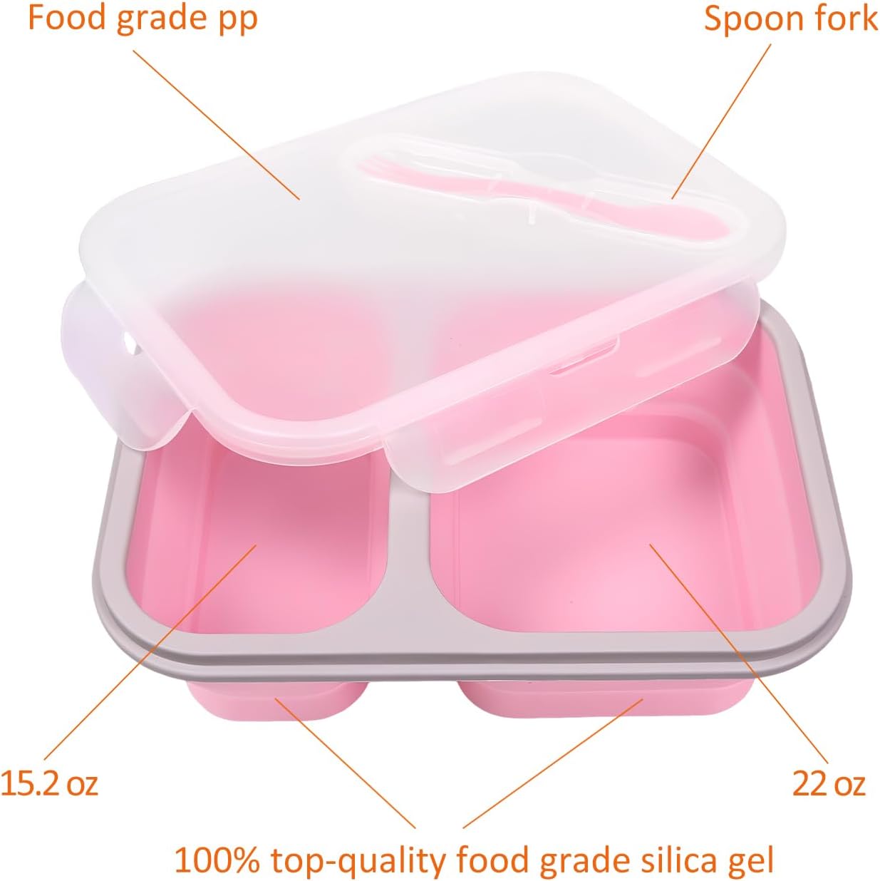 2 Pack Collapsible Silicone Bento Lunch Boxes With Lids,2 Compartments, Divided Lunch Food Storage Containers, 37.2 oz, Safe in Microwave, Dishwasher and Freezer, BPA Free