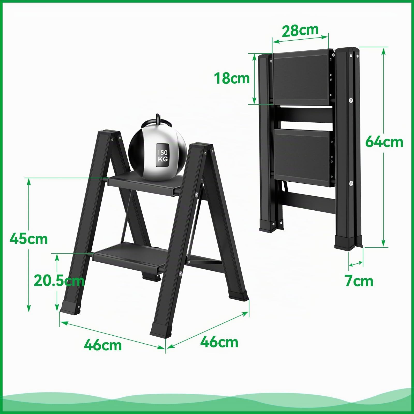 KULACO Klapptritt 2 Stufen Aluminium Leiter, Belastbar bis 150 kg, Schwarz | rutschfeste Haushaltsleiter, Tragbare Multifunktionsleiter Klappleiter für Küche, Bad, Garten und Camping