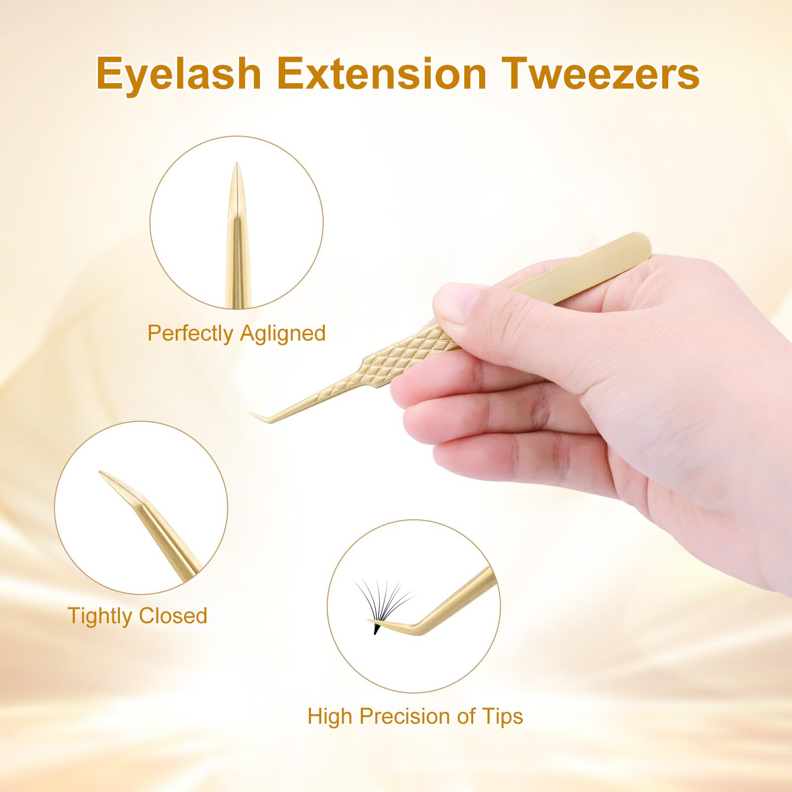NAGARAKU Precision Fiber Tip Tweezer for Eyelash Extensions Diamond Grip Anti-Static Anti-Slip Premium Gold Stainless Steel Curved Volume Eyelashes Tweezers Supplies with Box(45 Degree Tweezer AG-07) - Image 4
