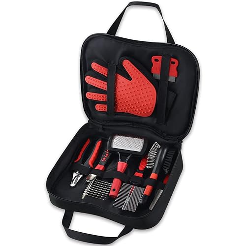 Wisedog Kit de herramientas de aseo para mascotas, pasador y cepillo de cerdas, cepillo de limpieza, peine de desmatado, cortauñas y manoplas de
