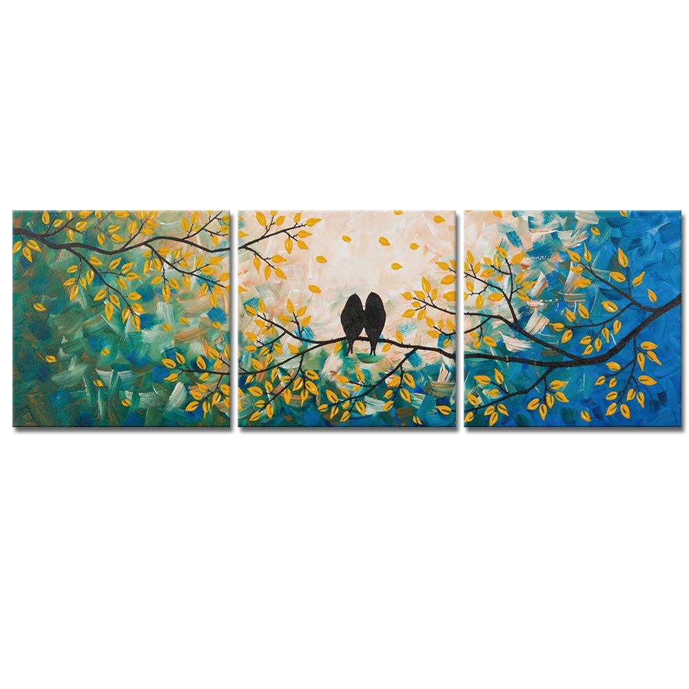 DekHome 3 Piece Birds Canvas Wall  Art  Loving Birds on Tree Branch Painting Picture Green and  Yellow  Artwork Stretched and Framed Ready to Hang 16x16inchx3pcs