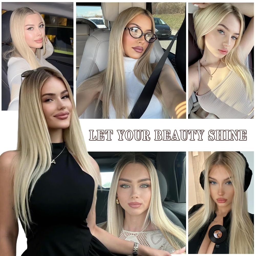 220% Glueless Ombre Ash Blonde Wig Human Hair with Brown Roots Pre Plucked Balayage Highlight Blonde Light Brown 13x4 UHD Lace Front Wigs for Women Soft Straight Real Human Hair 20Inch