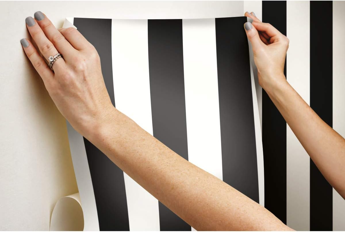 RoomMates RMK11082WP Black Awning Stripe Peel and Stick Wallpaper, 20.5 in x 16.5 ft