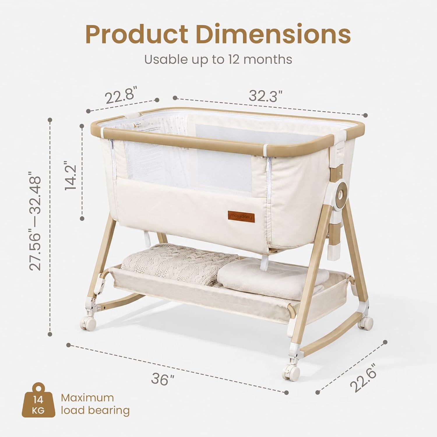 Maydolly Baby Bassinet & Bedside Sleeper, 3 in 1 Rocking Bassinet with Mattress & Sheet, Adjustable Height, Removable Breathable Cover, Easy Folding Infant Crib (Beige)