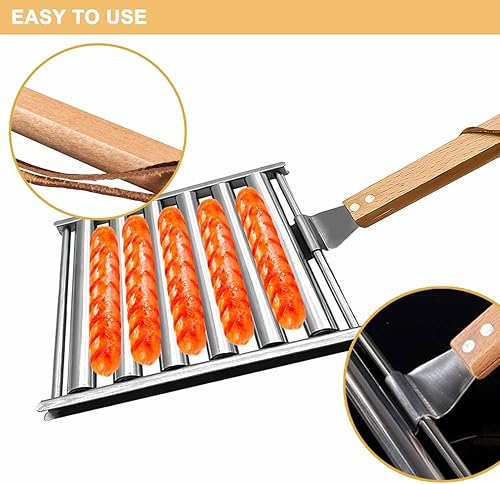 Miniatura 5 de Hotdog - Rodillo de acero inoxidable para salchichas con mango de madera, rodillo para perros calientes para parrilla, cesta de rodillo para perros