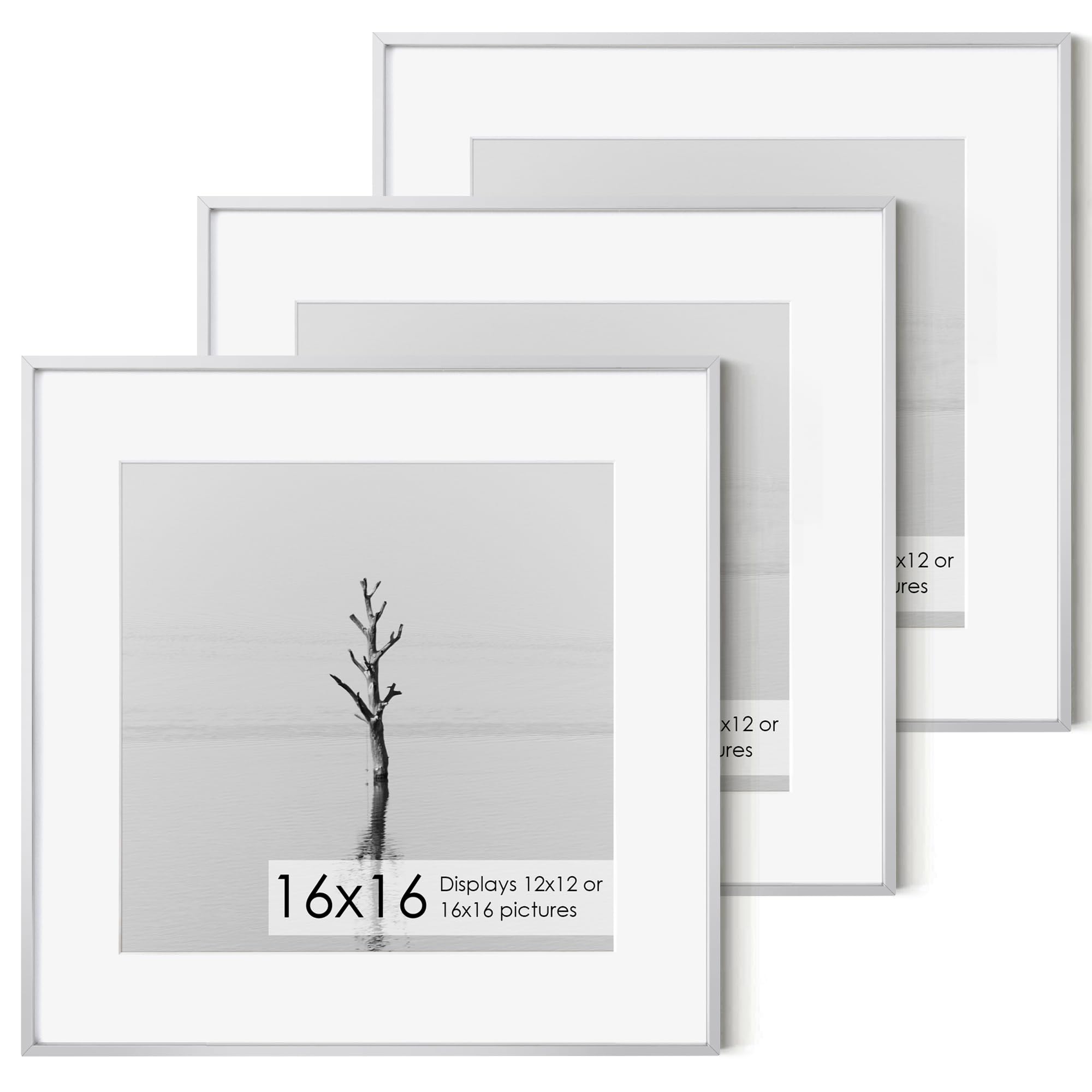 16x16 Metal Picture Frame with 12x12 Mat, Brushed Aluminum Finish, Tempered Glass Front, and Attached Hanging Hardware - Versatile Wall Display Frames for Vertical or Horizontal Orientation(Silver,
