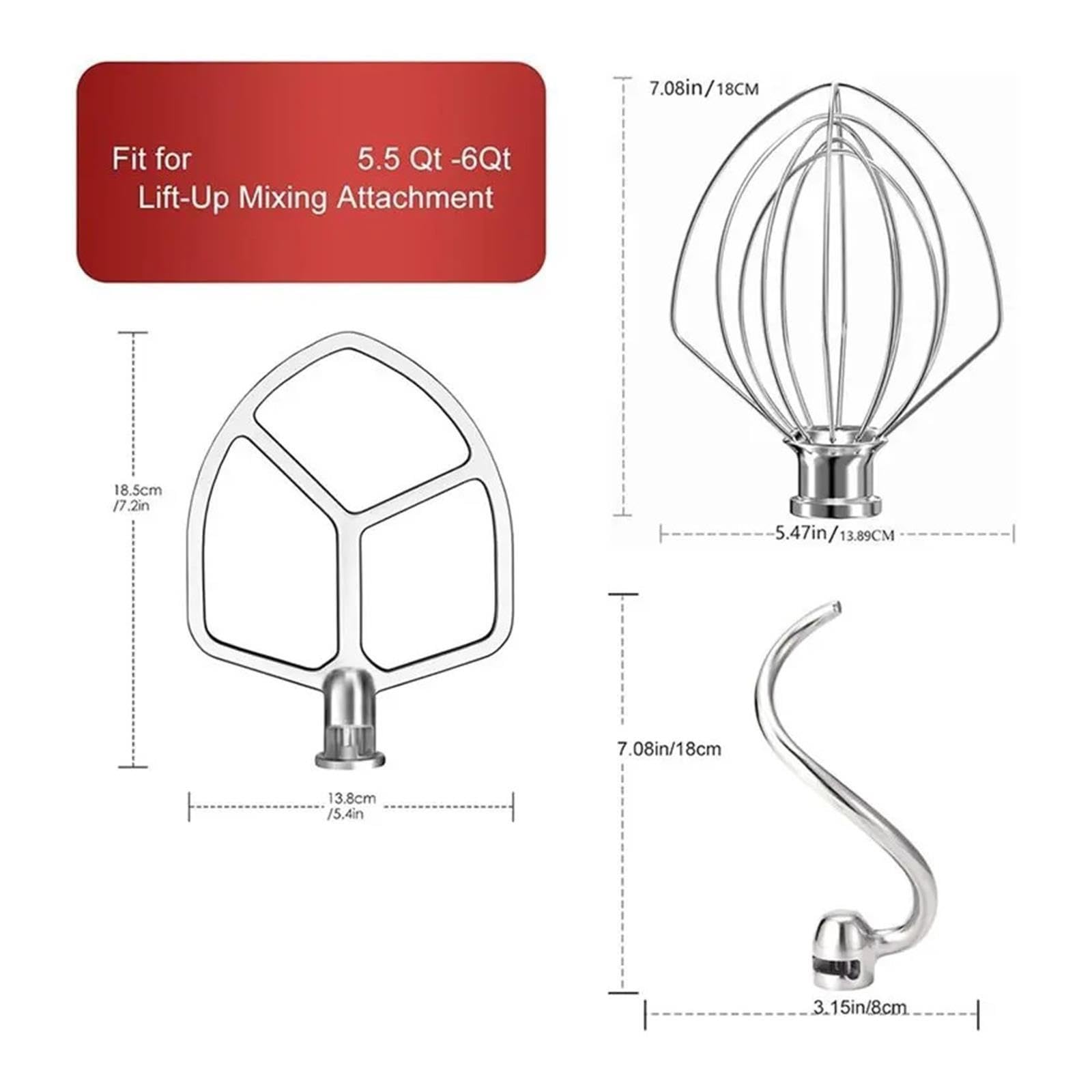 B64B – 3-częściowe nasadki ze stali nierdzewnej mikserem kompatybilny z Kitchenaid 5,5-6QT, ubijaczką płaską, hakiem do wyrabiania ciasta, batem 6-drutowym do mikserów stojących