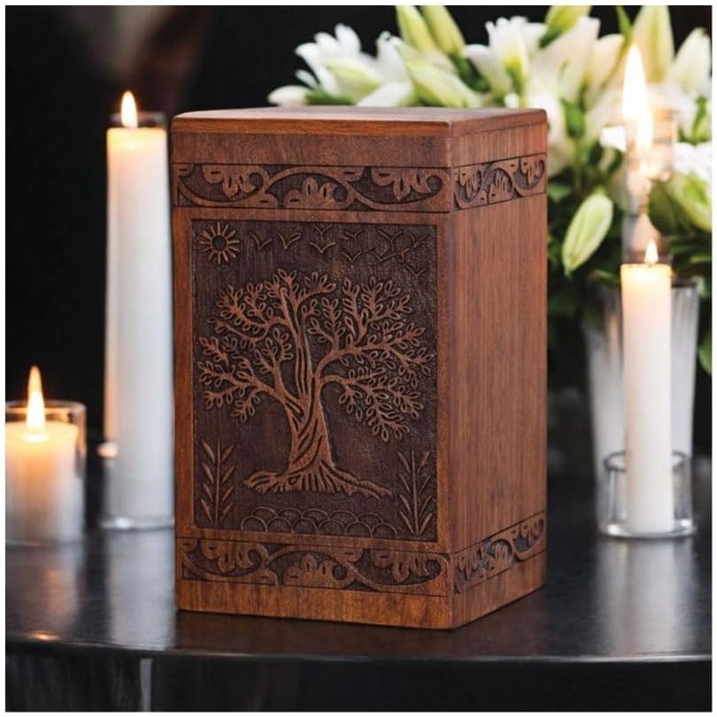 Handcarved Wooden Cremation Urns for Human Ashes Adult Male - Tree of Life Design Memorial Urns for Women & Men, Burial and Funeral Urn for Ashes Adult Male - Decorative Urns -(Large Size)
