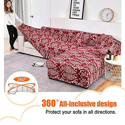 Mifxin Sectional Sofa Cover 2 Piece Stretch 3 Seat L Shape Couch Slipcovers Elastic Printed Sectional Sofa Furniture Protector For Living Room With 4Pcs Pillow Covers (Red) #TOP4
