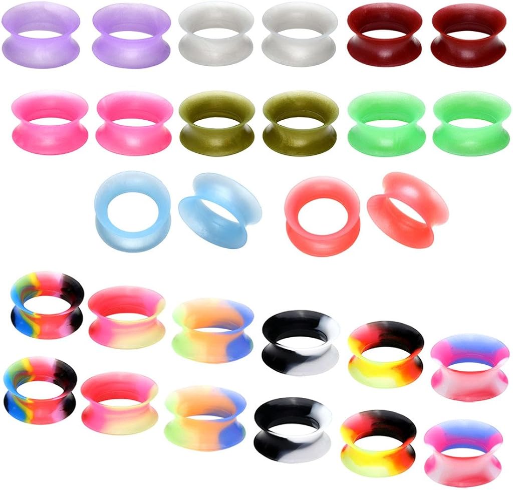 Jovivi Pack of 28 Mixed Colors Ultra-thin Soft Silicone Double Flared Flexible Flesh Tunnel Plugs Gauges 8G-3/4