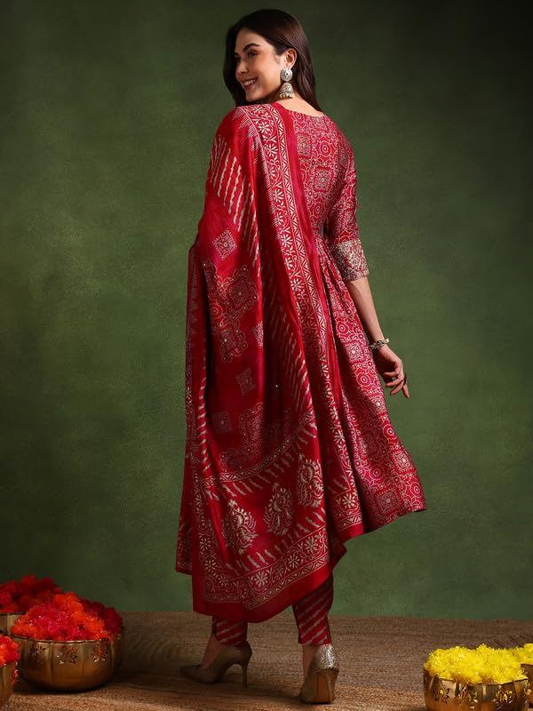 Image of Vaamsi Women's Silk Blend Ethnic Motifs Printed Anarkali Kurta Pant With Dupatta