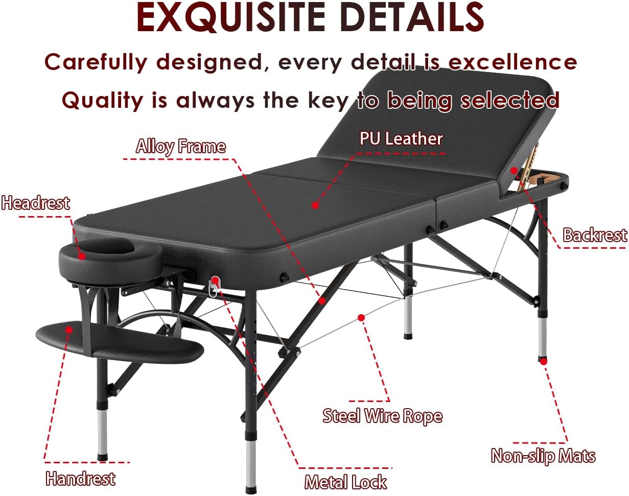 CLORIS 84" Professional Massage Table Portable Reinforced Aluminium Leg Hold Up to 1100LBS 3 Folding Lightweight Spa Salon Tattoo Massage Bed Height Adjustable with Carrying Bag Black