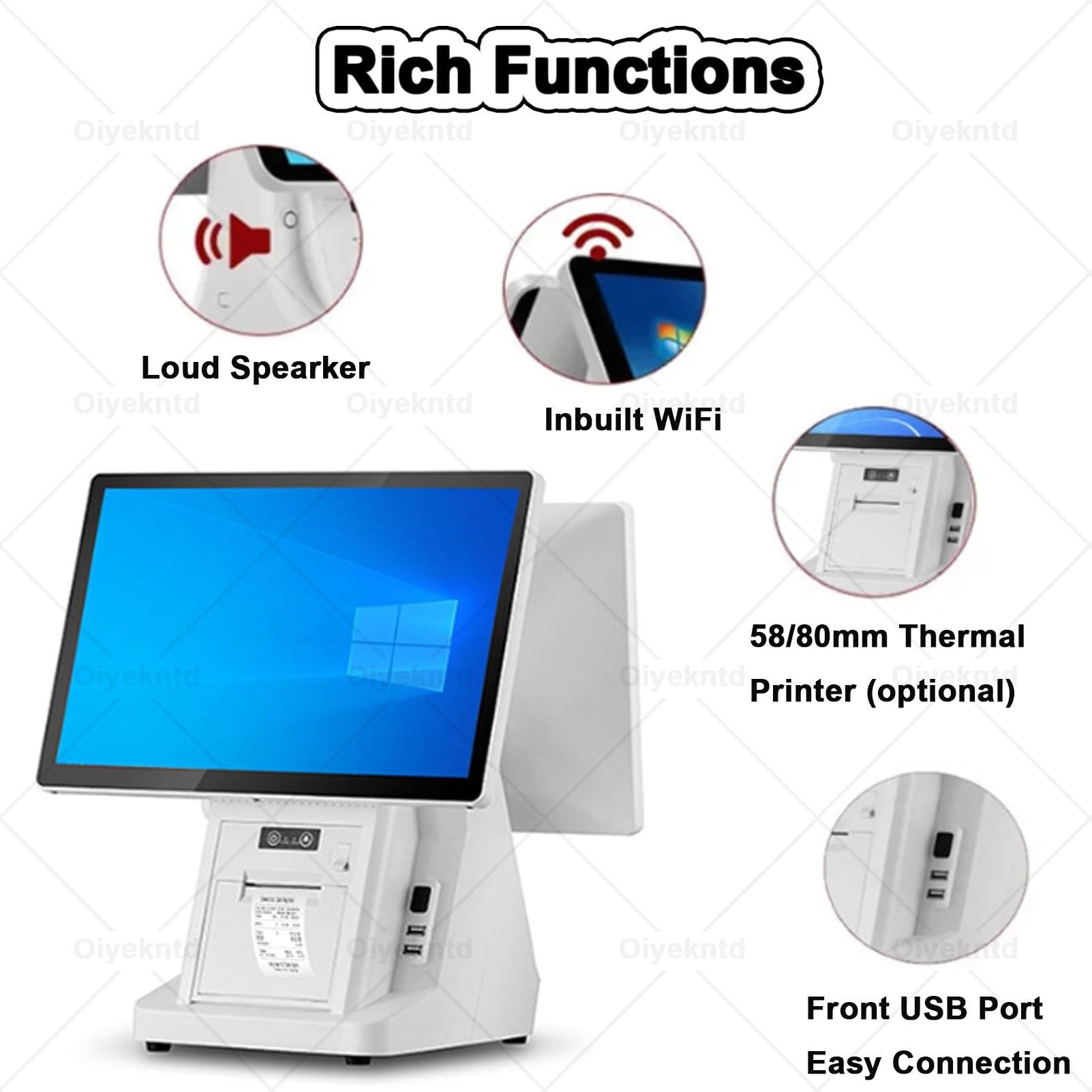 Registratore di cassa POS per piccole imprese, registratore di cassa multifunzione con doppio schermo touch da 15,6", stampante termica integrata da 58/80 mm, registratore SingleScreen-4G64G80mm